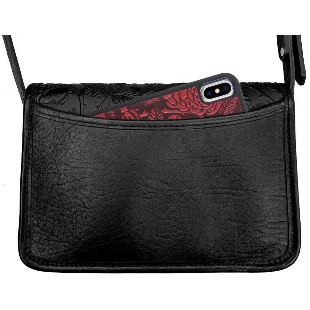 Oberon Design Leather Women's Cell Phone Handbag, Becca, Wild Rose, Black Back