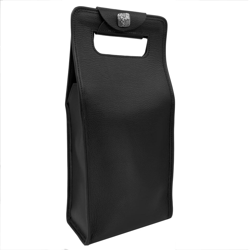 Wine Bottle Bag, Pebbled Leather in Black