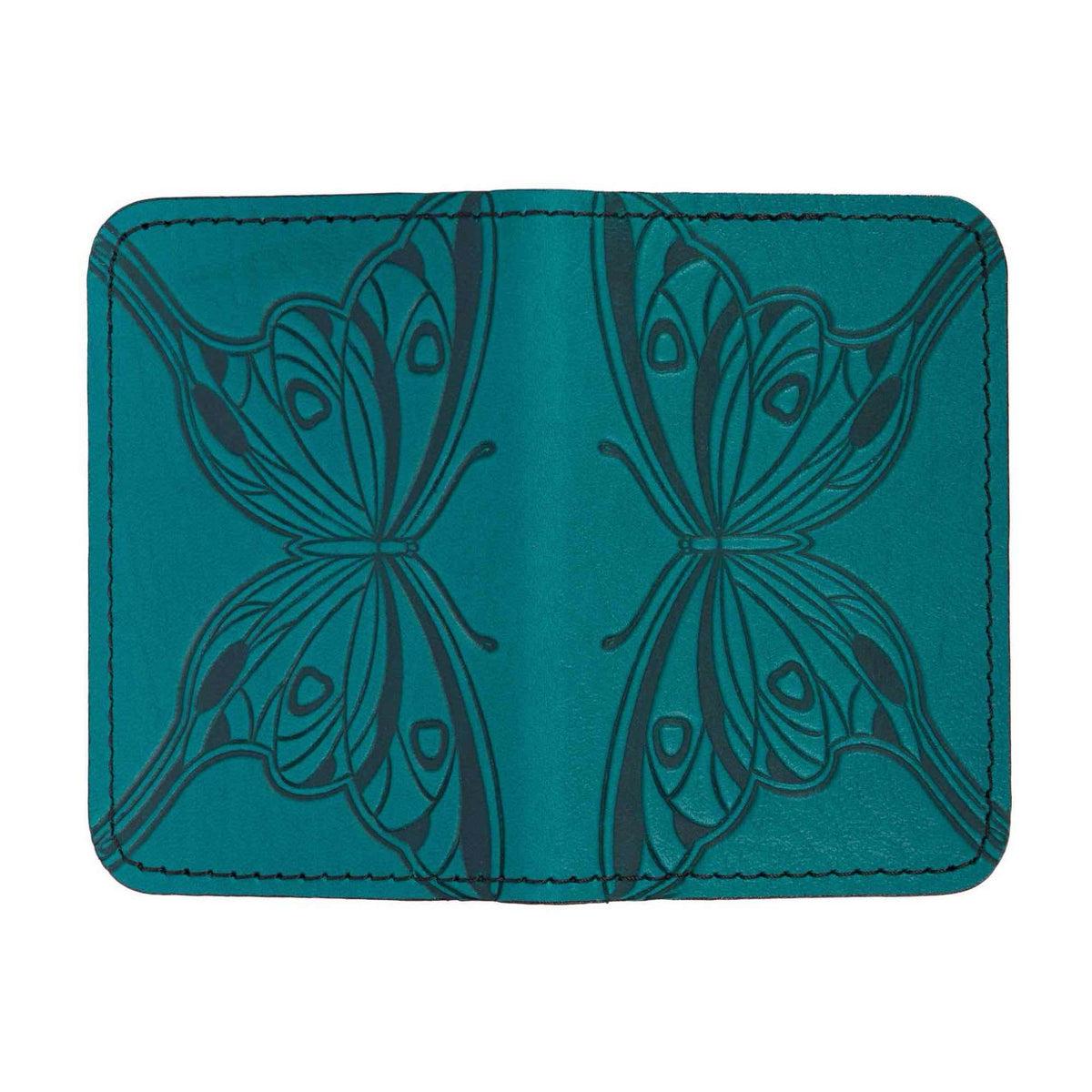 Leather Card Holder, Mini Wallet, Butterfly in Teal, open view