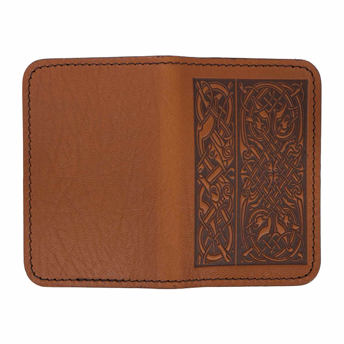 Leather Card Holder, Mini Wallet, Celtic Hounds in Saddle, open view