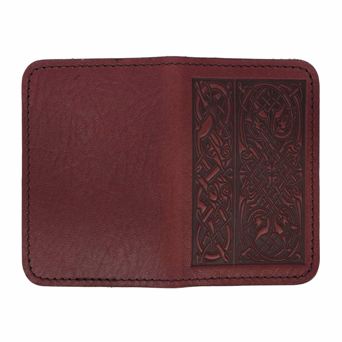 Leather Card Holder, Mini Wallet, Celtic Hounds in Wine, open view
