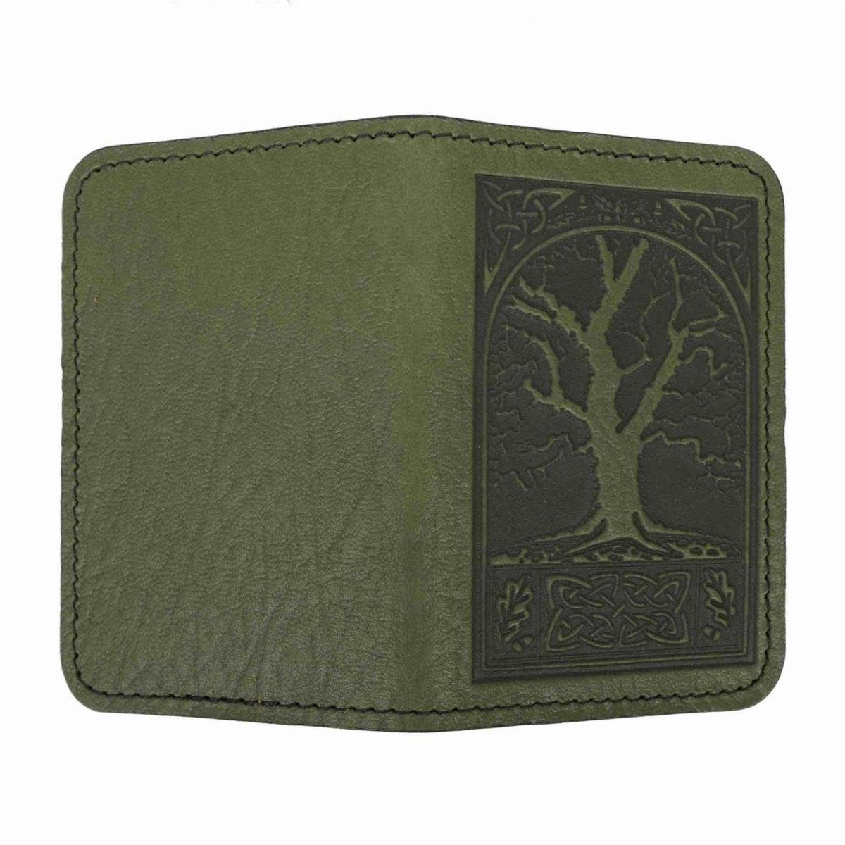 Leather Card Holder Mini Wallet, Celtic Oak in Wine, open view