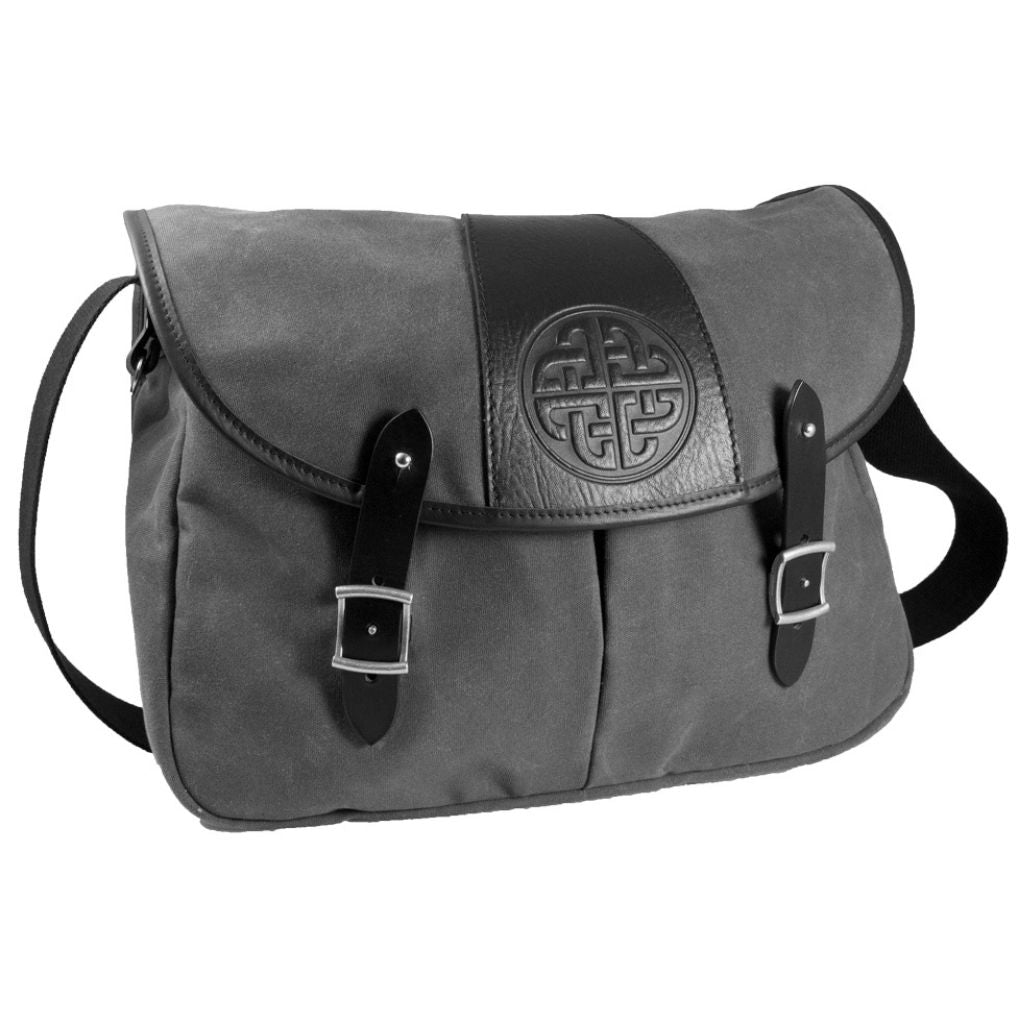 Oberon Design Crosstown Messenger Bag, Waxed Canvas & Leather, Celtic Love Knot, Charcoal & Black