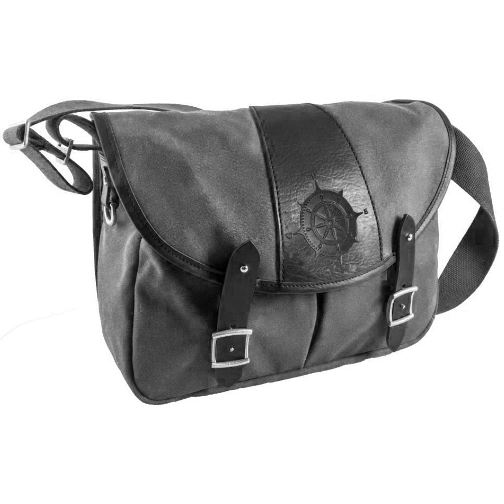 Oberon Design Crosstown Messenger Bag, Waxed Canvas and Leather, Compass Rose, Black & Charcoal