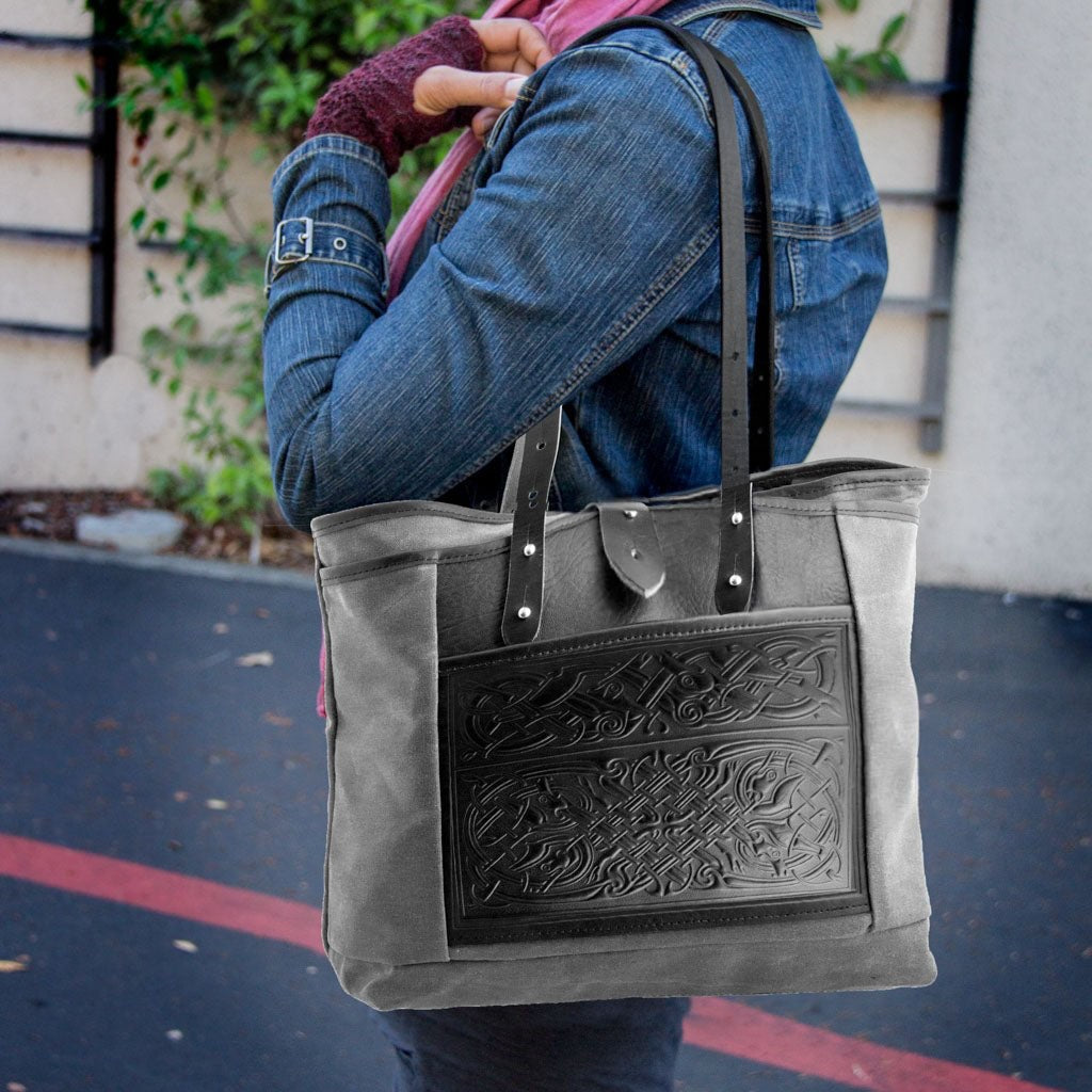 Everyday tote waxed canvas and leather Celtic Hounds