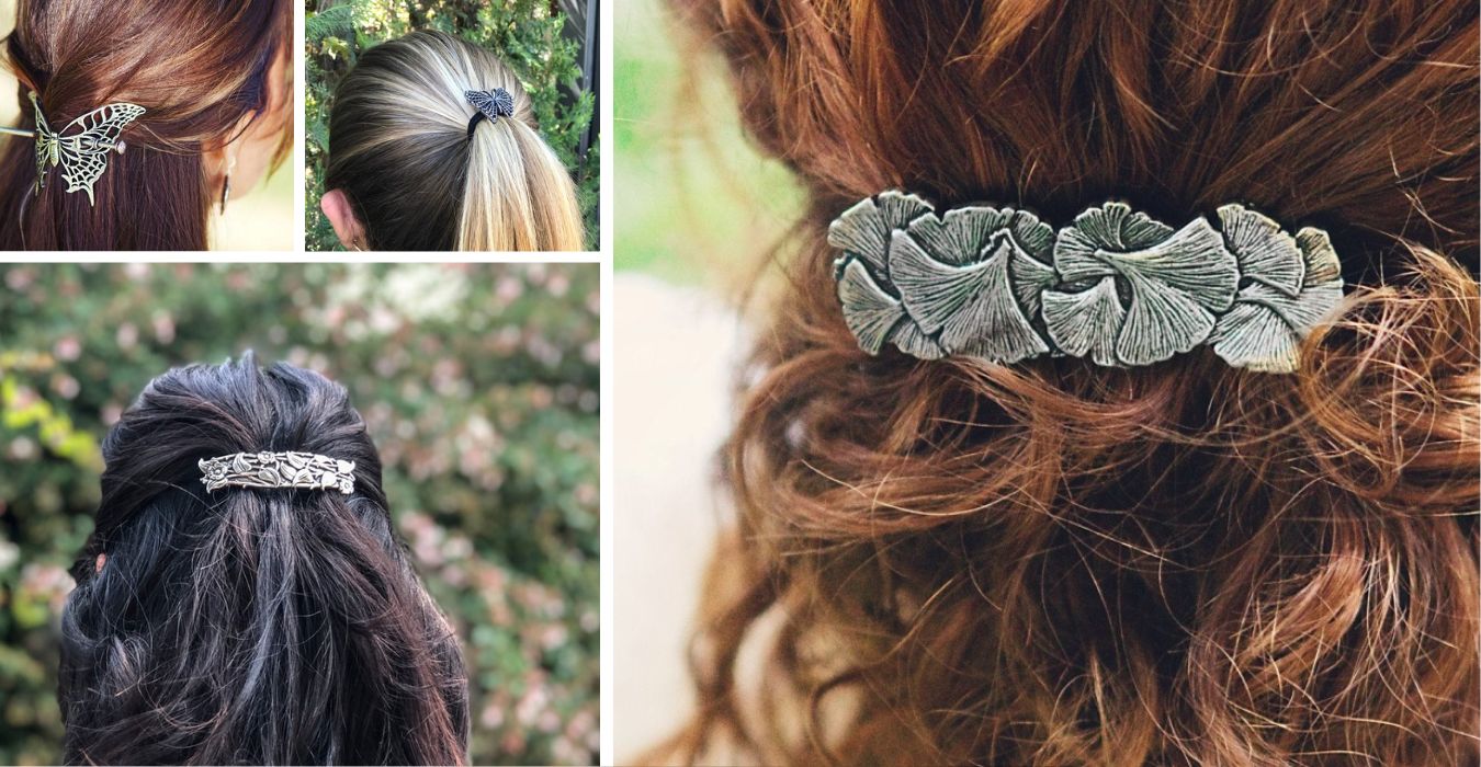 Oberon Design hand crafted Hair Accessories collection, barrettes, sticks and ponytail holders banner