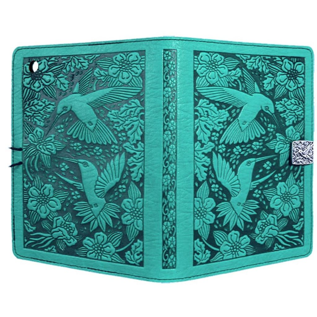 Oberon Design Leather iPad Mini Cover, Case, Hummingbirds, Teal - Open