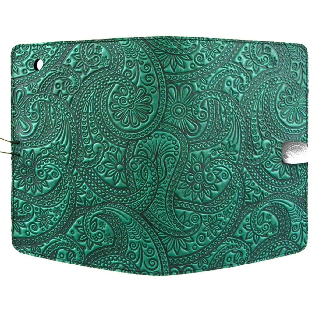 Oberon Design Leather iPad Mini Cover, Case, Paisley, Teal - Open
