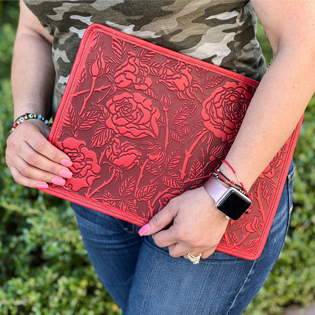 Genuine Leather Laptop Sleeve, MacBook Case, Tablet Cover, Wild Rose, Red,Model