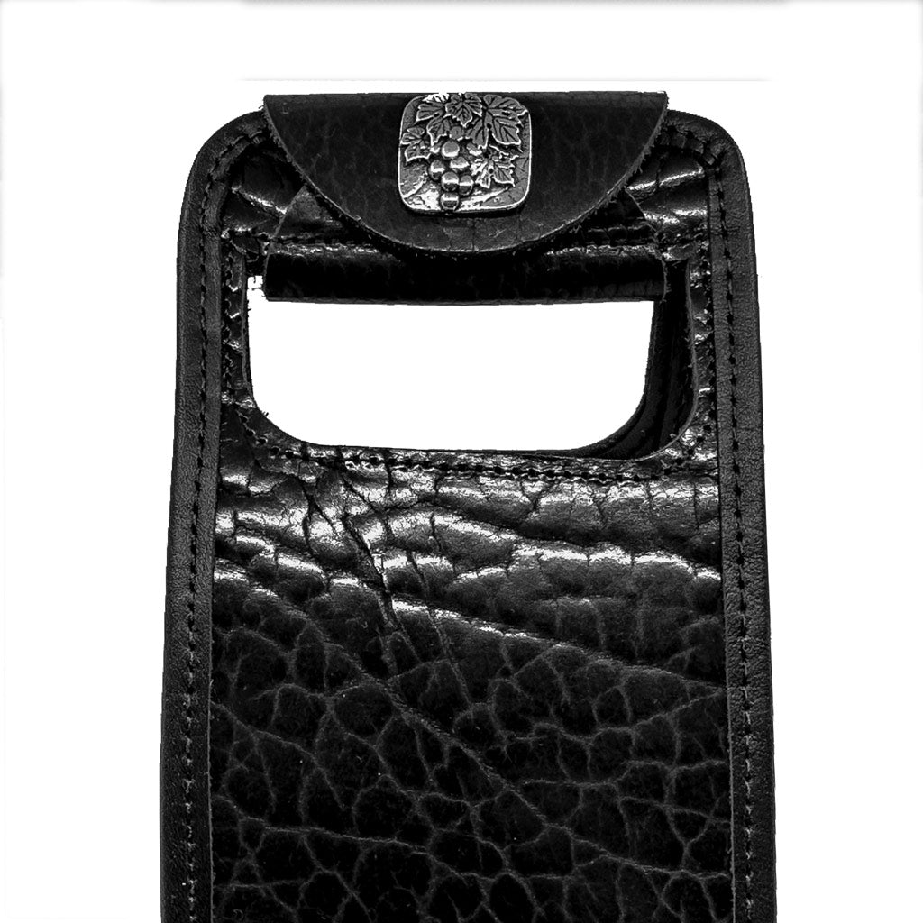 Single bottle wine bag glazed bison leather in black with model and cala lily flower