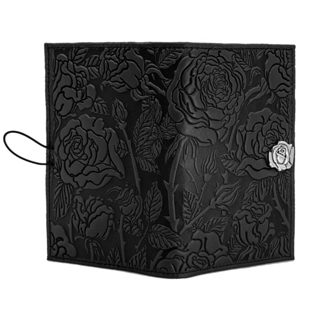 Oberon Design Premium Leather Women's Wallet, Wild Rose, Black - Open
