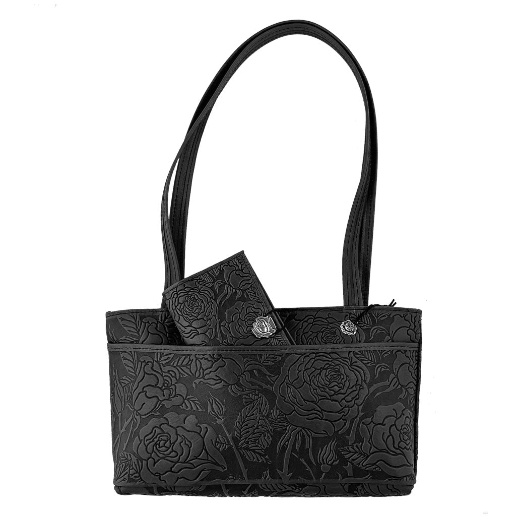 Oberon Design Leather Women's Handbag, Wild Rose Streamline, Black with Wallet