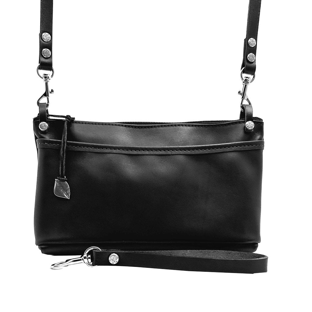 Oberon Design Leather Women's Crossbody Convertible Wristlet Handbag, Black