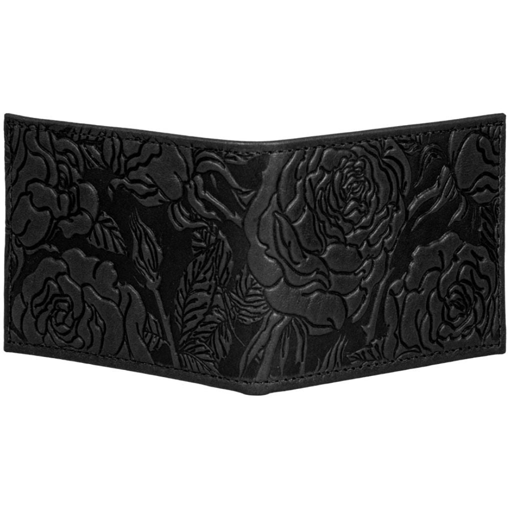 Oberon Design Leather Bi-fold Women's Wallet, Wild Rose, Black, Open