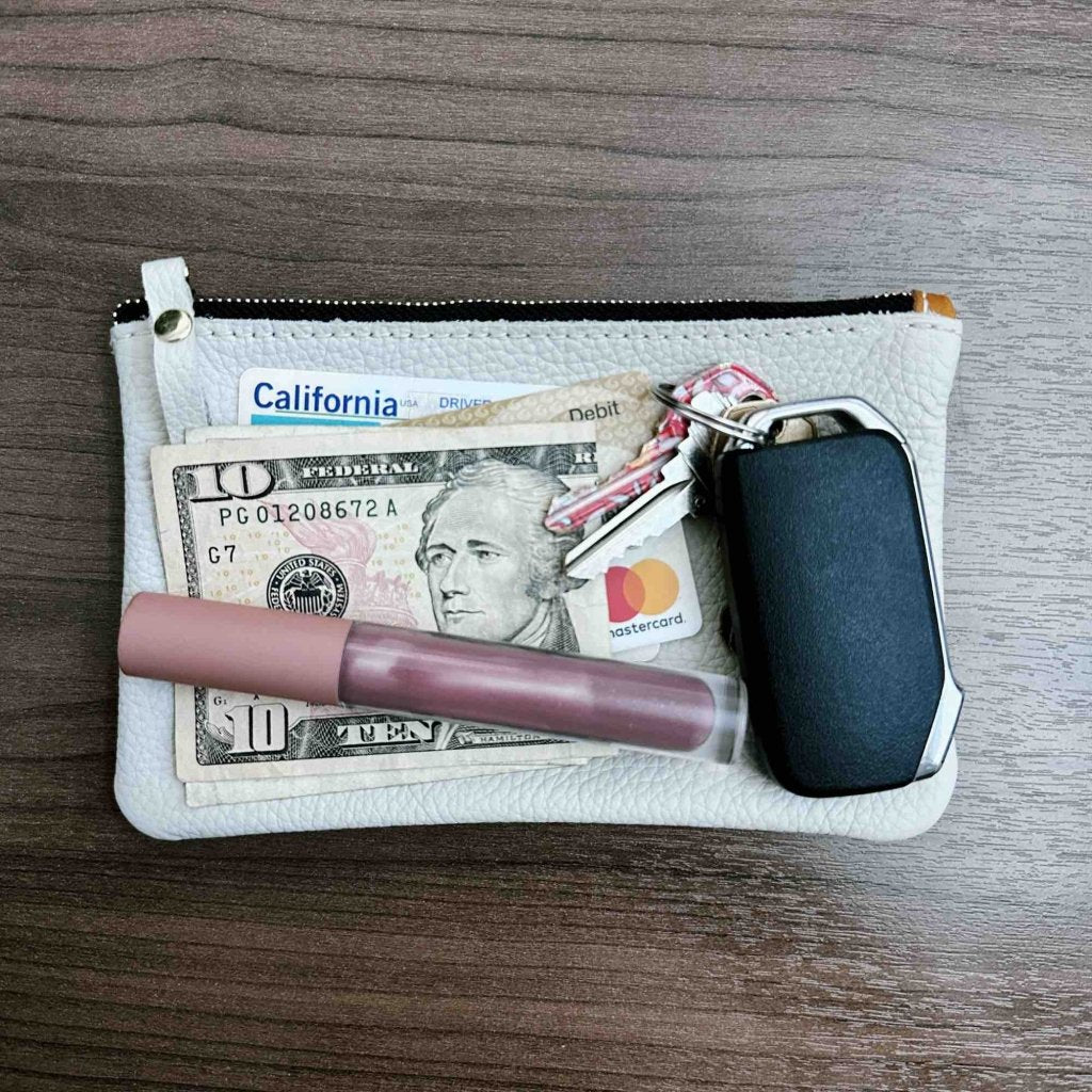 Oberon Design Zipper Pouch with Pacific Leather in Fog, contents