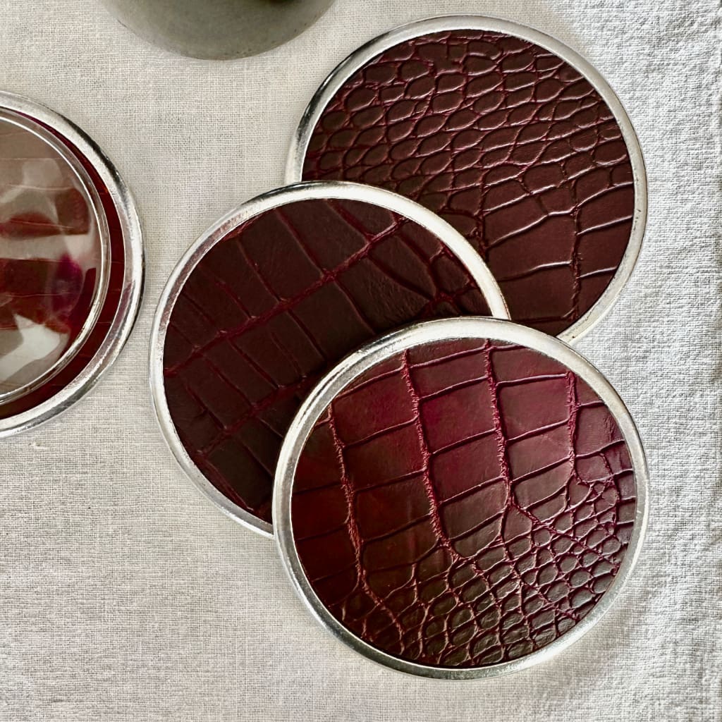 Alligator Leather & Metal Deluxe Coaster Set