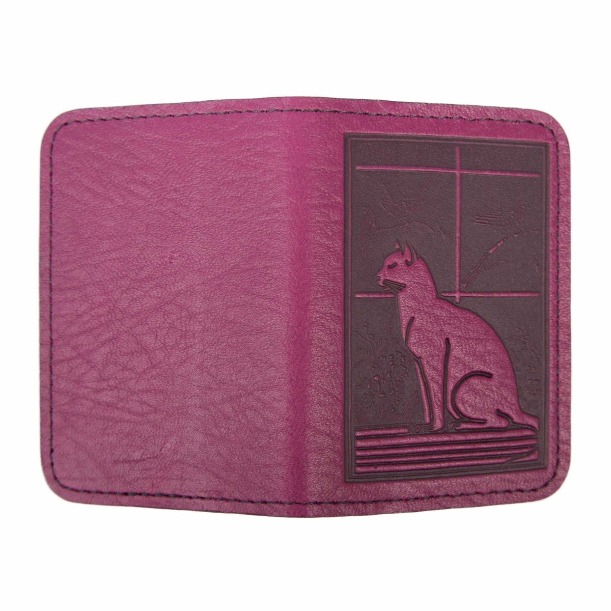 Leather Card Holder Mini Wallet, Cat in Window in Orchid open view