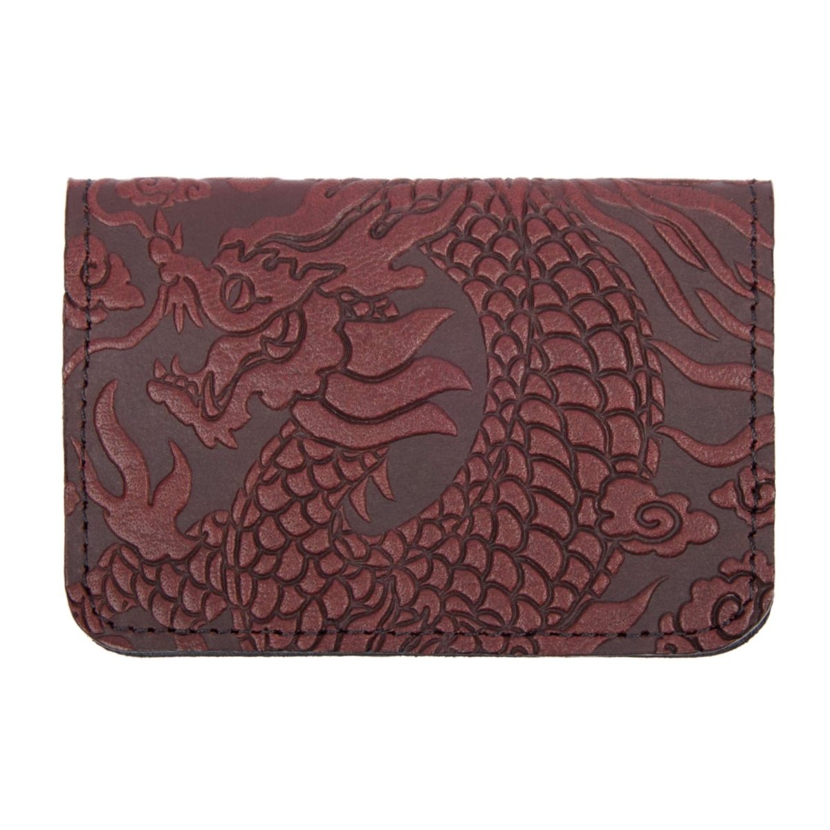 Leather Card Holder Mini Wallet, Cloud Dragon in Wine