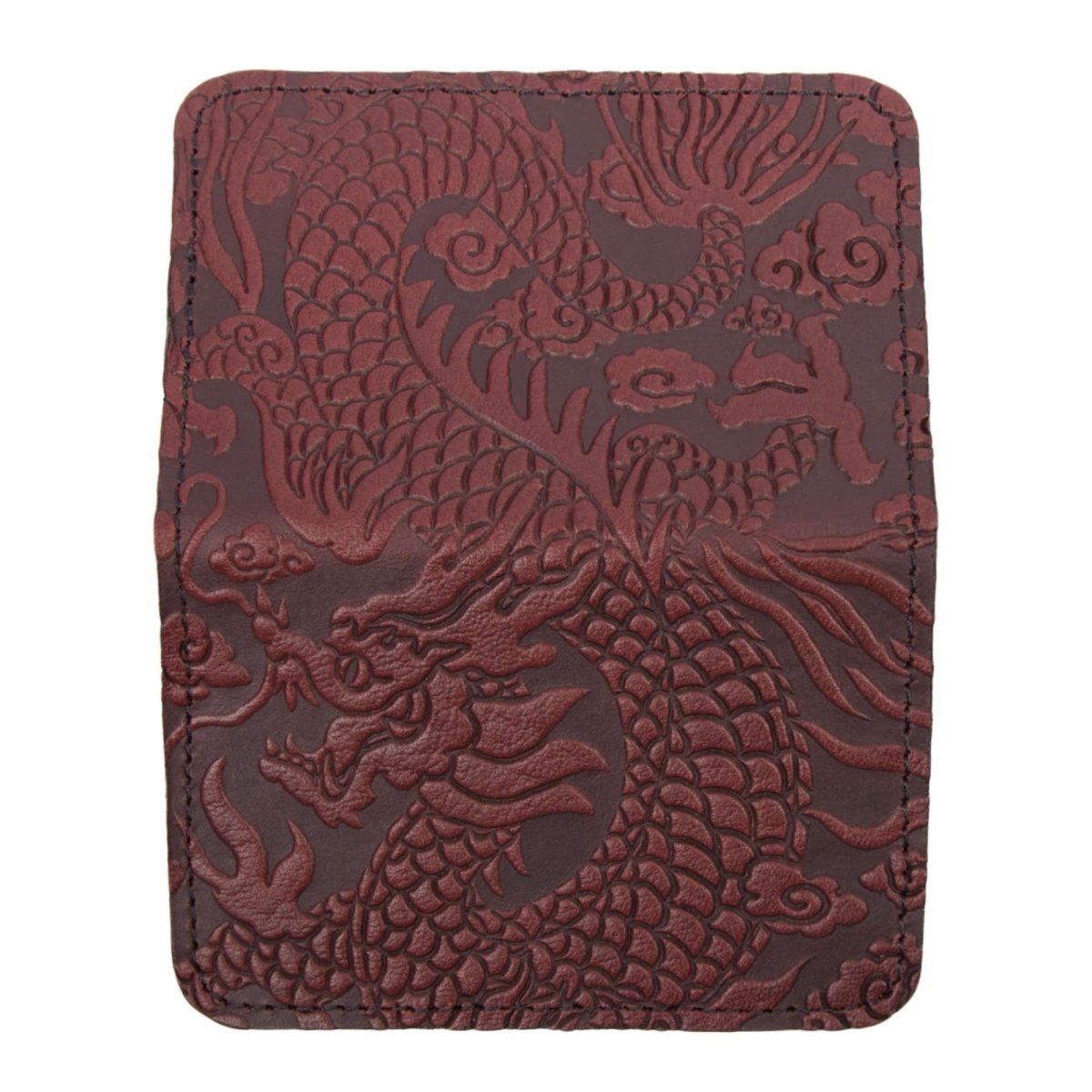 Leather Card Holder Mini Wallet, Cloud Dragon in Wine, open view