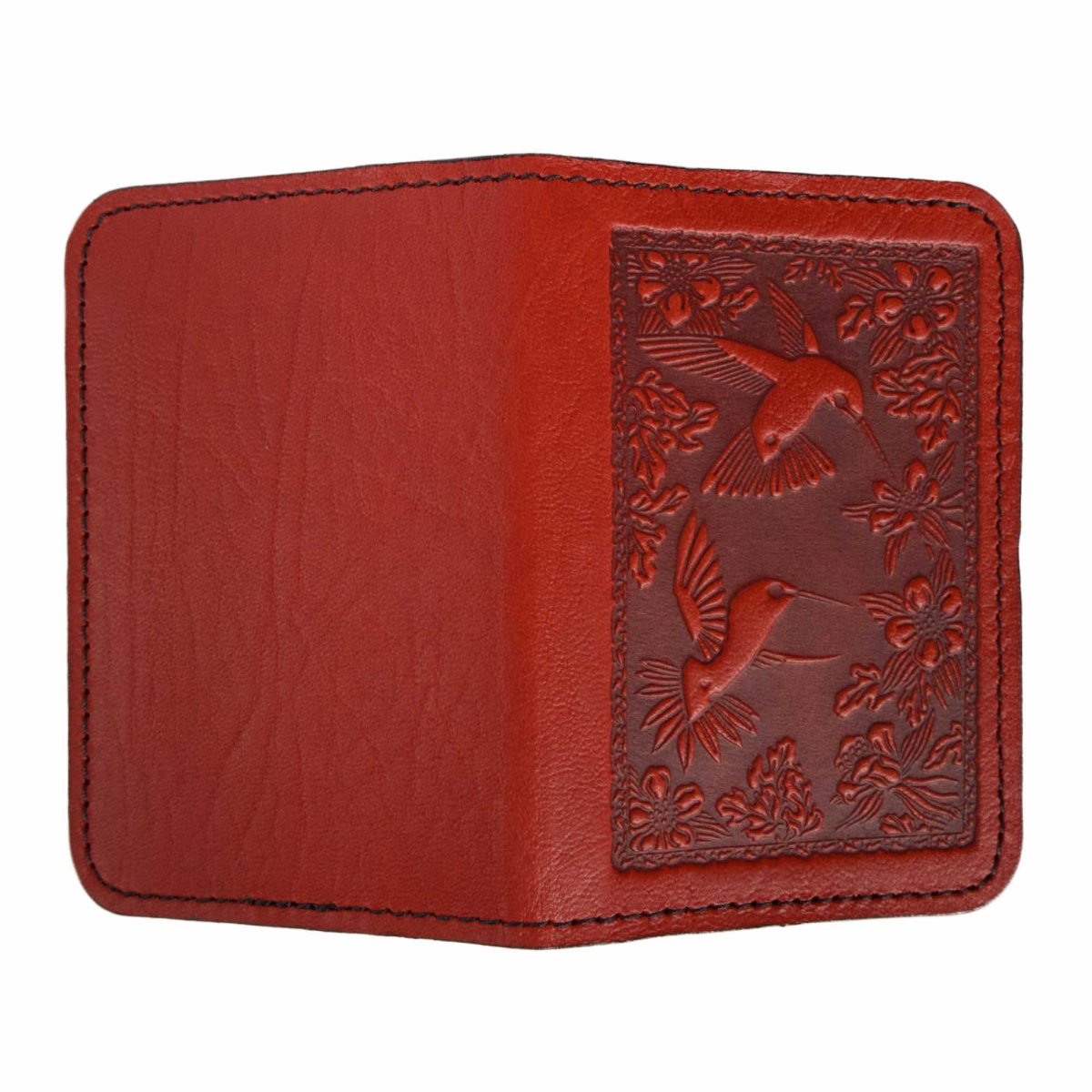Oberon Design Leather Business Card Holder, Mini Wallet, Hummingbird, Red, Open