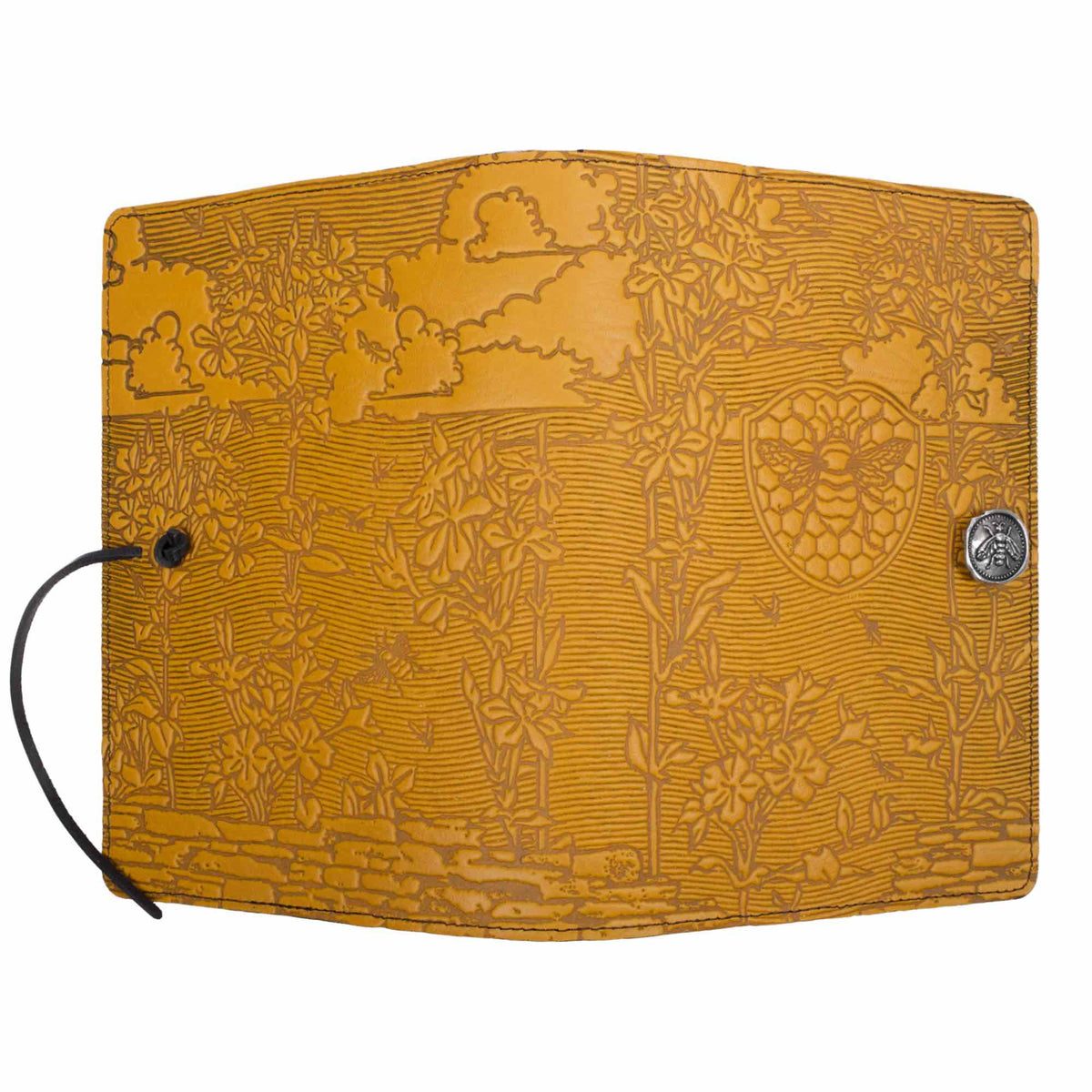 Oberon Design Leather Refillable Journal Cover, Bee Garden, Marigold - open
