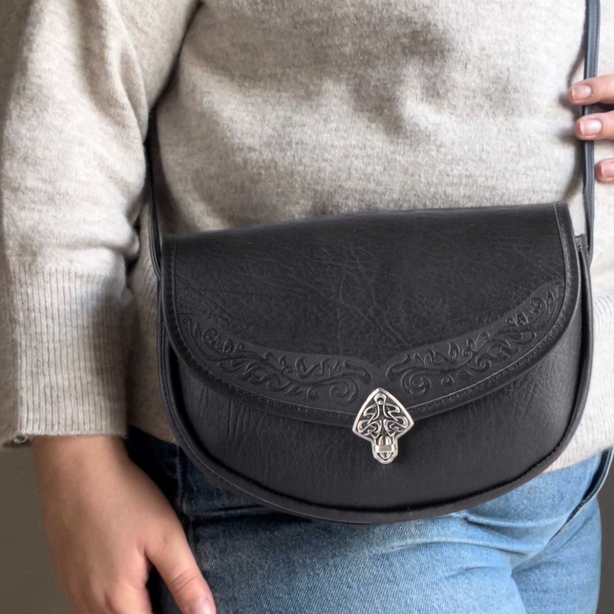 Oberon Design Leather Women's Crossbody Handbag, Art Nouveau Lila, Black on Model
