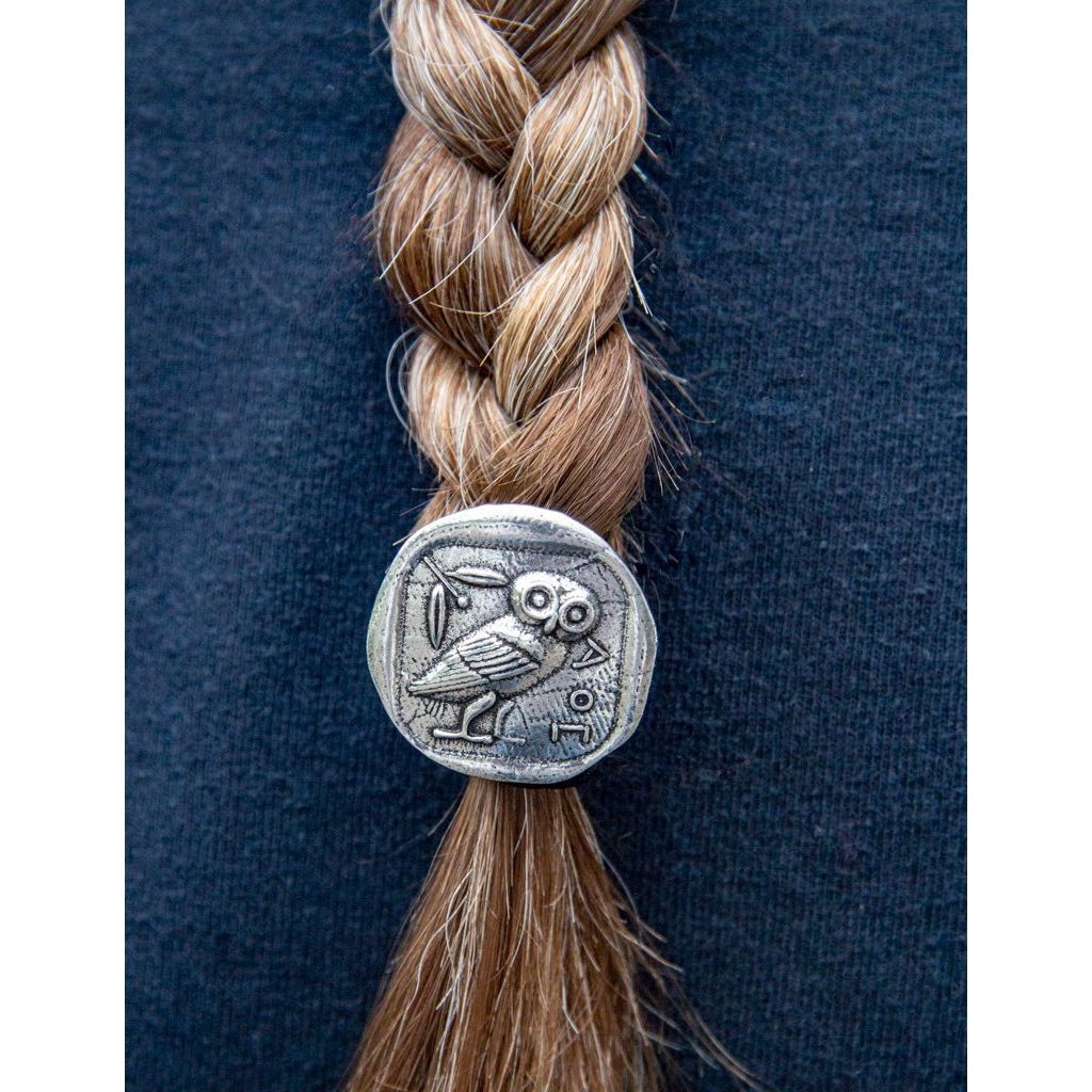 Oberon Design Ponytail Holder, Women's Hair Tie, Athena's Owl, Braid