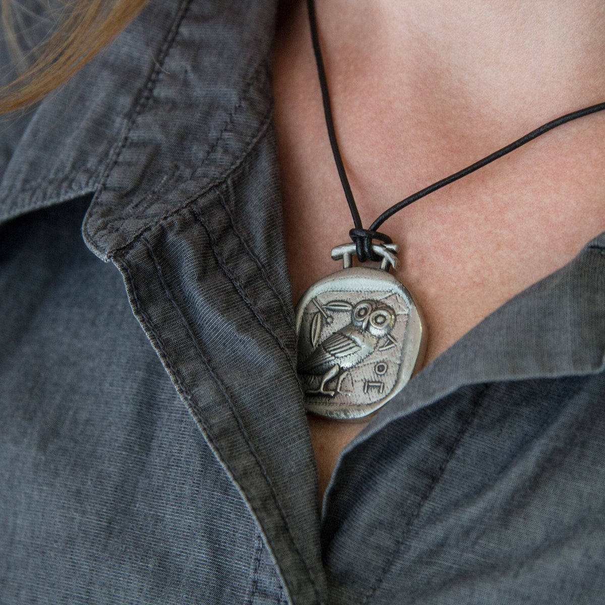 Oberon Design Britannia Metal Jewelry, Necklace, Athena's Owl, Model