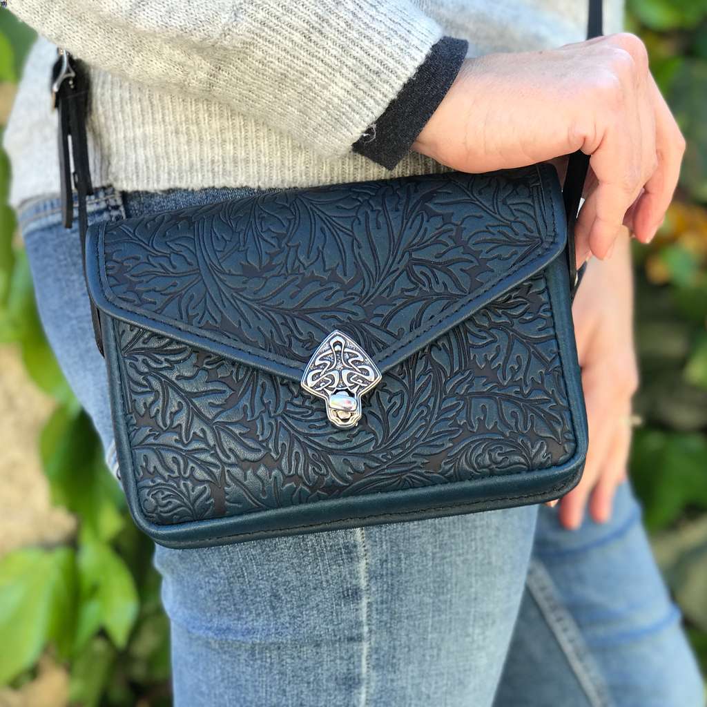 Oberon Design Leather Women's Cell Phone Handbag, Becca, Acanthus Leaf, Navy - Model