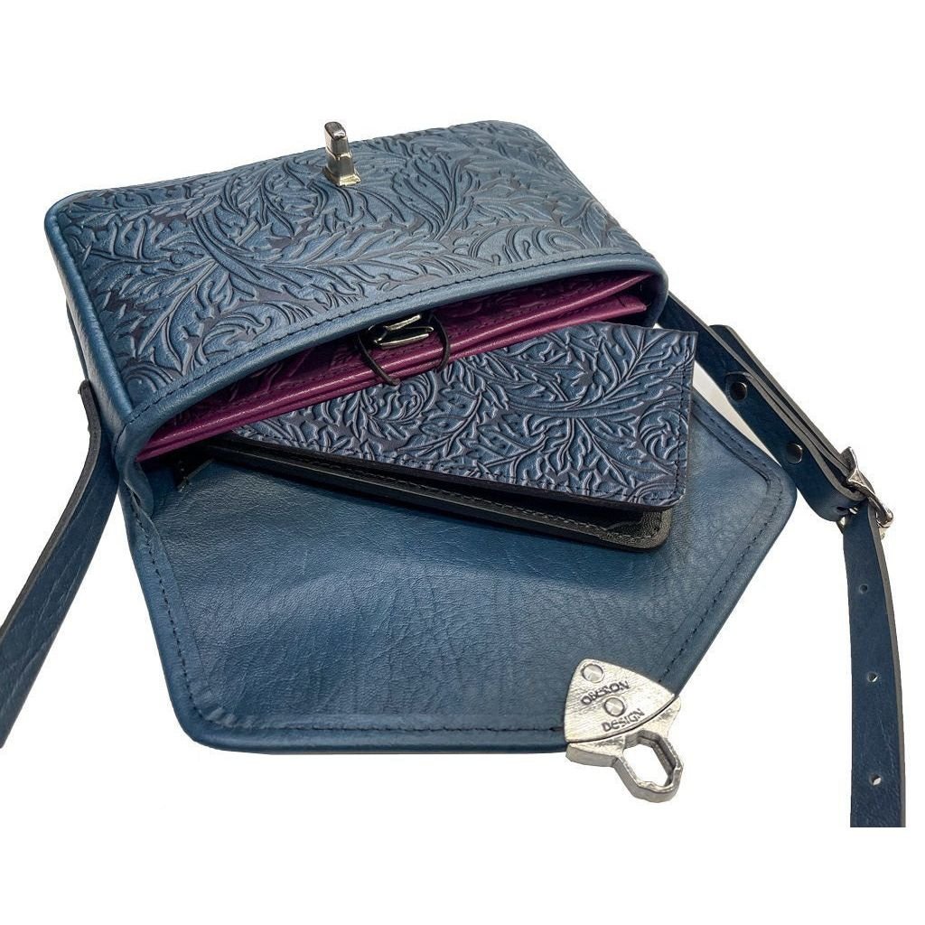 Oberon Design Leather Women's Cell Phone Handbag, Becca, Acanthus Leaf, Navy Interior