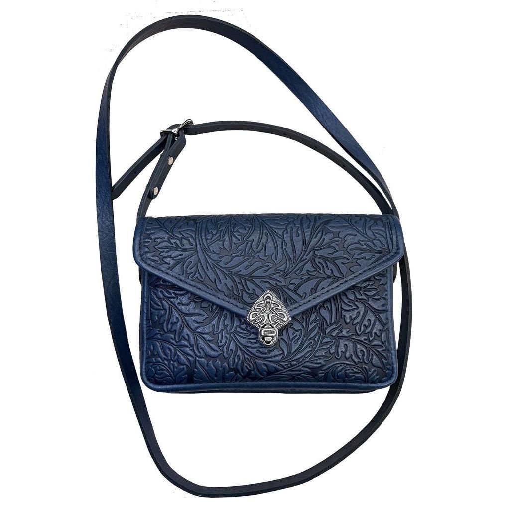 Oberon Design Leather Women's Cell Phone Handbag, Becca, Acanthus Leaf, Navy With Strap