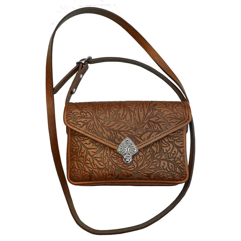 Oberon Design Leather Women's Cell Phone Handbag, Becca, Acanthus Leaf, Saddle With Strap