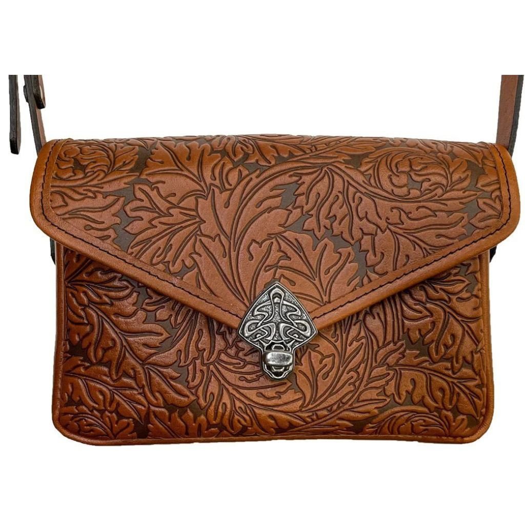 Oberon Design Leather Women's Cell Phone Handbag, Becca, Acanthus Leaf, Saddle