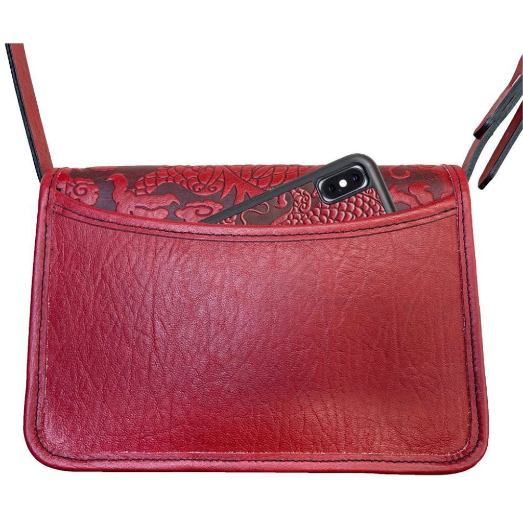 Oberon Design Leather Women's Cell Phone Handbag, Becca, Cloud Dragon, Red Back