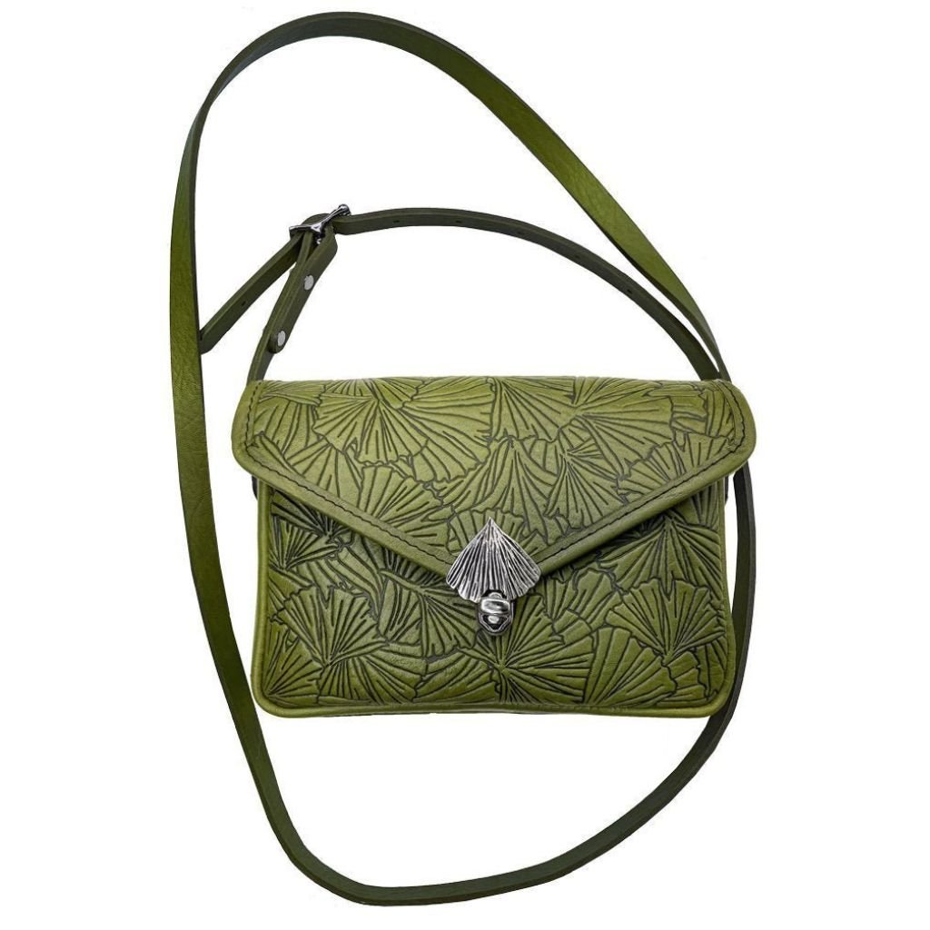 Oberon Design Leather Women's Cell Phone Handbag, Becca, Ginkgo, Fern with Strap