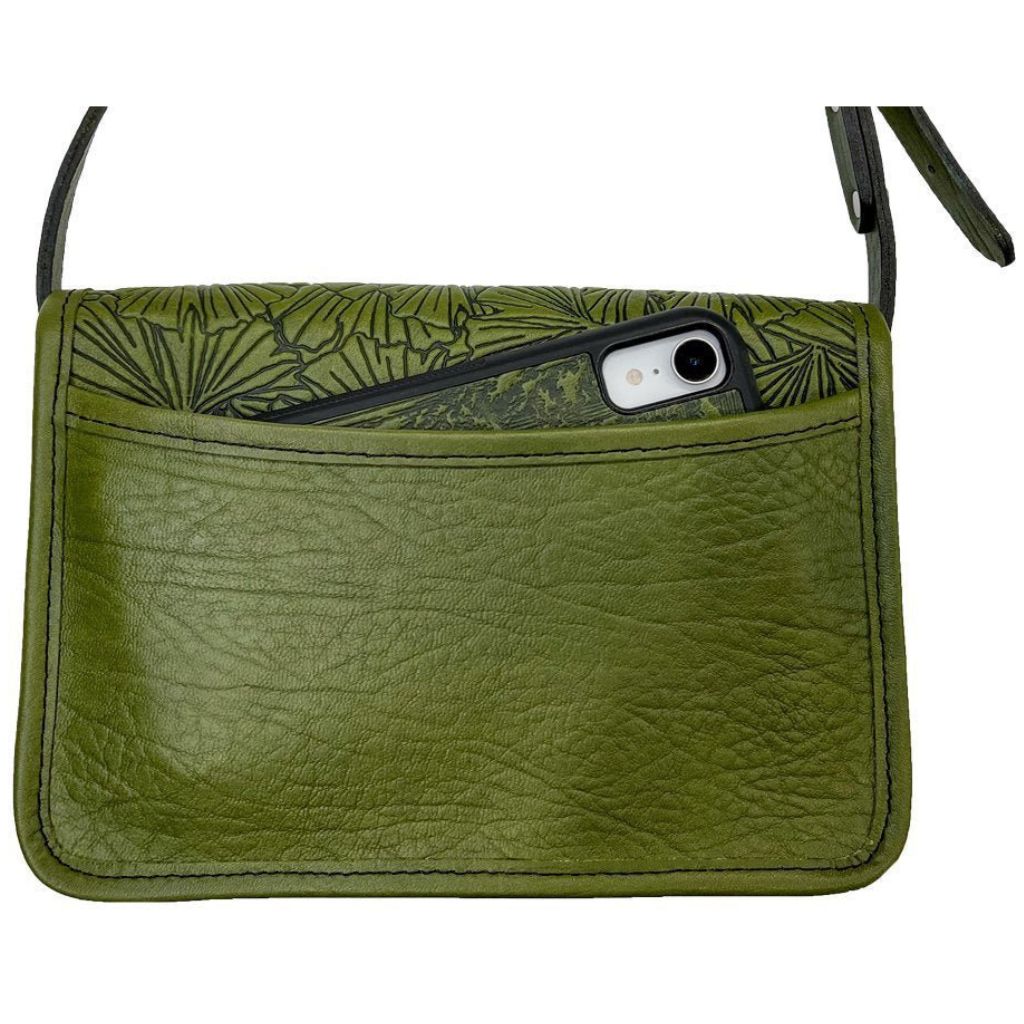 Oberon Design Leather Women's Cell Phone Handbag, Becca, Ginkgo, Fern Back