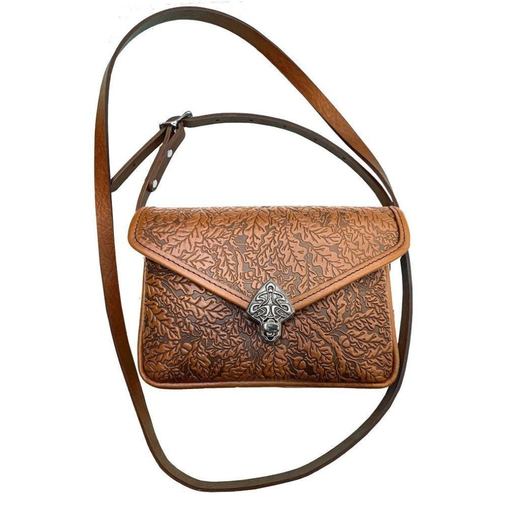 Oberon Design Leather Women's Cell Phone Handbag, Becca, Oak Leaves, Saddle with Strap