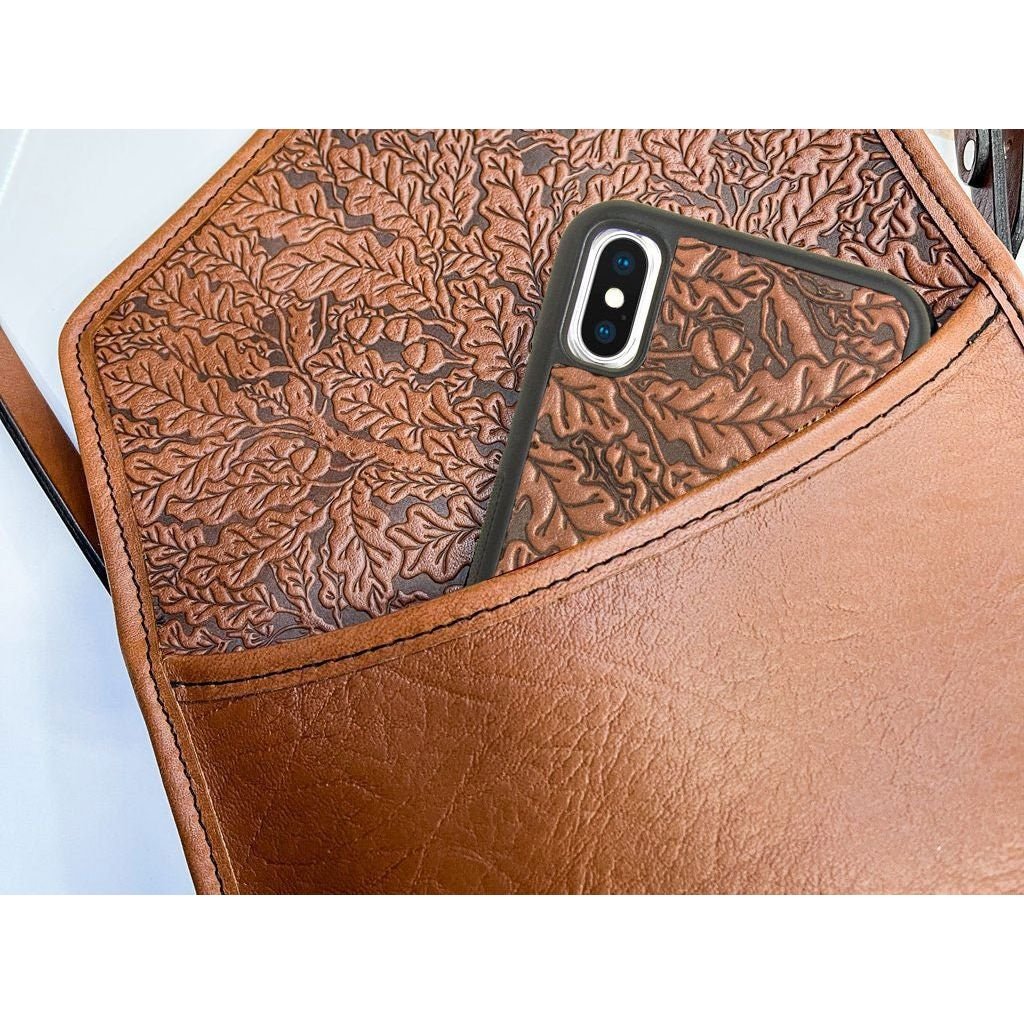 Oberon Design Leather Women's Cell Phone Handbag, Becca, Oak Leaves, Saddle, Back