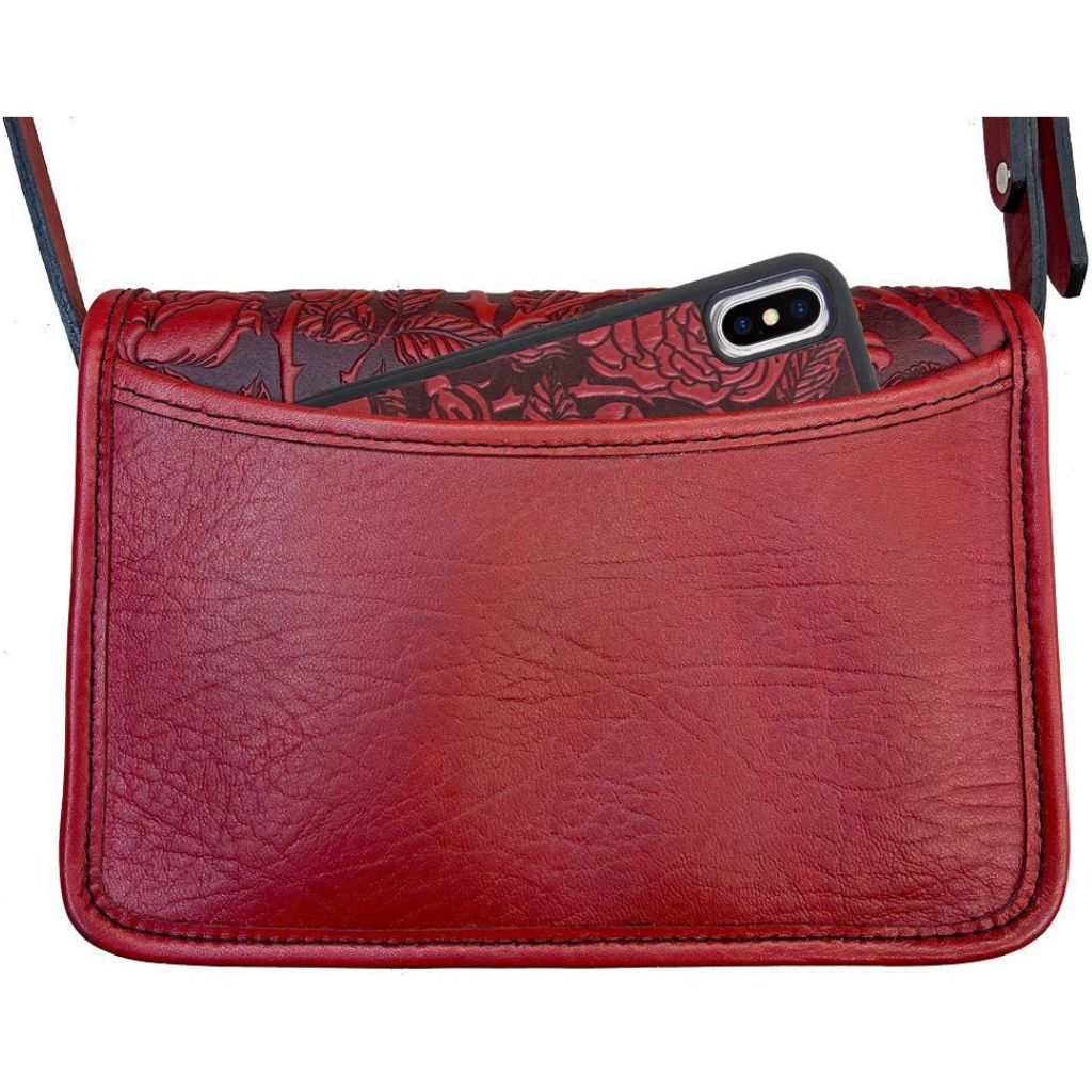 Oberon Design Leather Women's Cell Phone Handbag, Becca, Wild Rose, Red Back