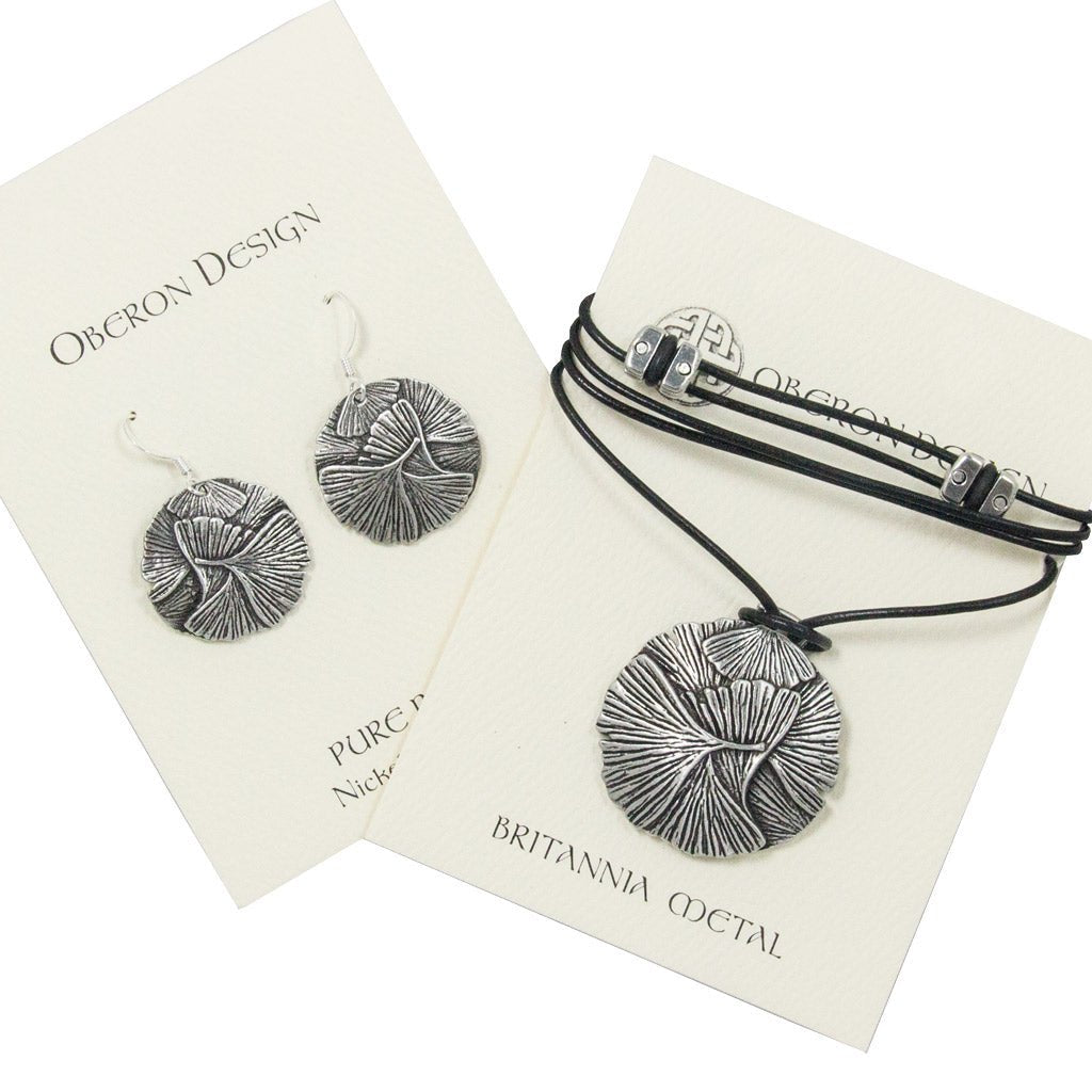 Oberon Design Ginkgo Leaf Jewelry Set, Necklace & Earrings, Cards