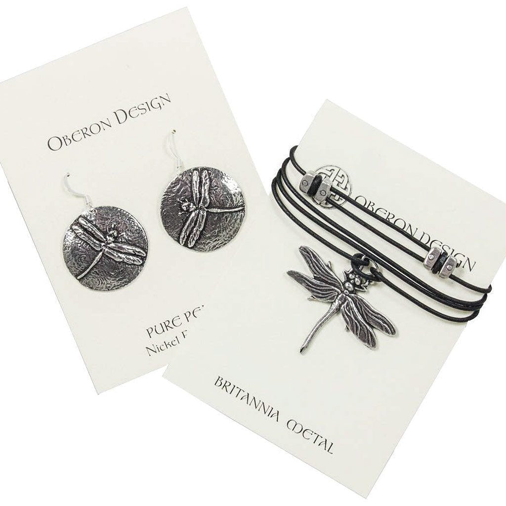 Oberon Design Dragonfly Hand-Cast Jewelry Set, Necklace & Earrings, Cards