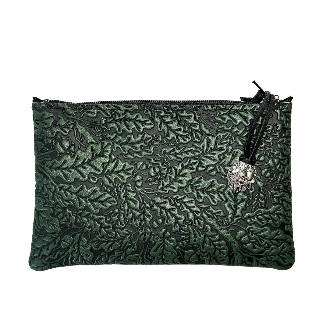 Leather 6 inch Zipper Pouch, Wallet, Coin Purse, Oak Leaves in Saddle