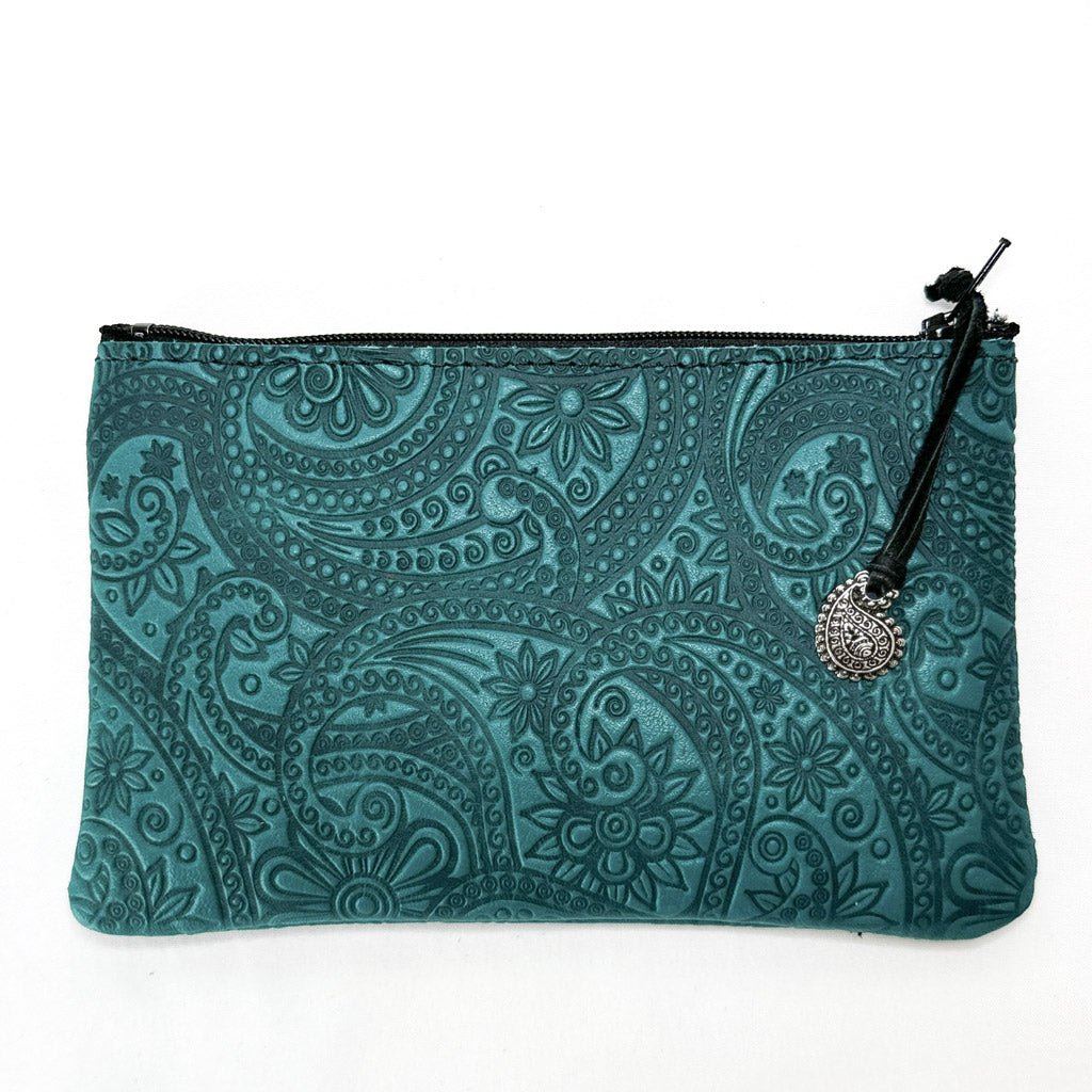 Leather 6 inch Zipper Pouch, Wallet, Coin Purse, Paisley in Orchid