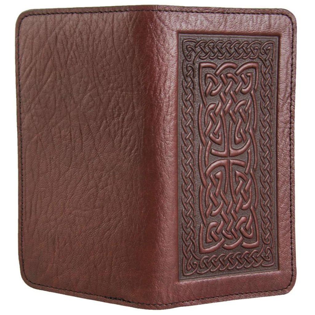 Leather Checkbook Cover, Celtic Braid in Wine - Open