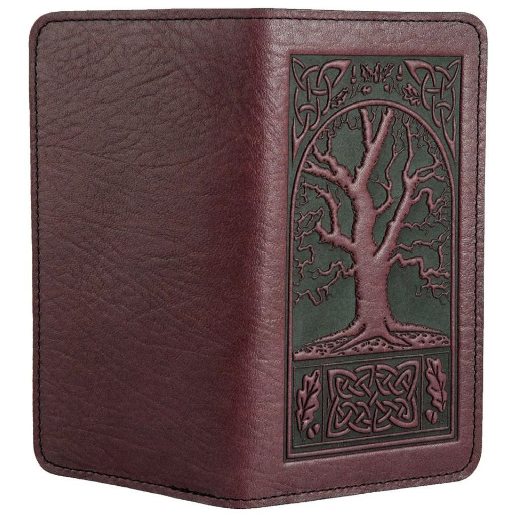 Checkbook Cover, Celtic Oak in Wine - Open