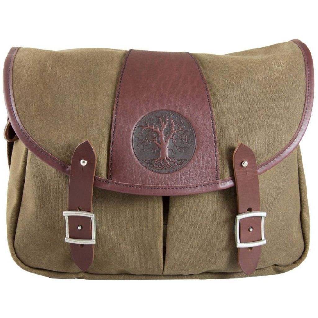 Oberon Design Crosstown Messenger Bag, Waxed Canvas & Leather, Tree of Life, Tan & Wine