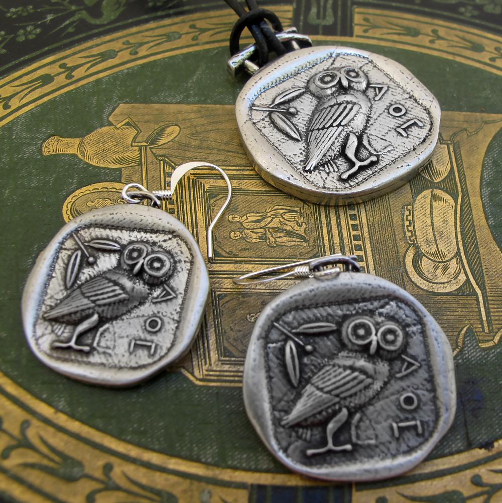 Oberon Design Britannia Metal Jewelry, Necklace and Earrings, Athena's Owl