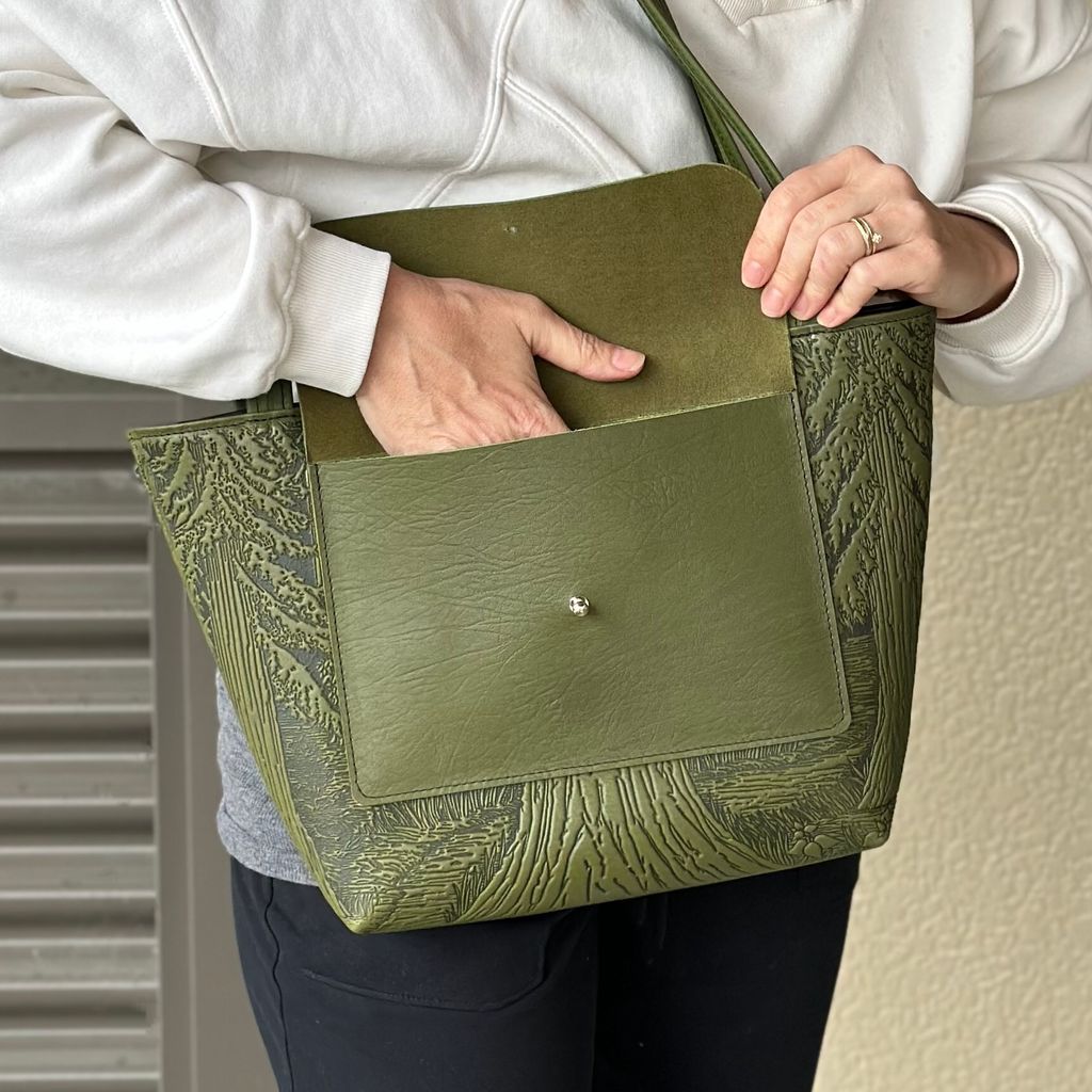 Leather Handbag, The Classic Tote, Forest, Model Opened Image
