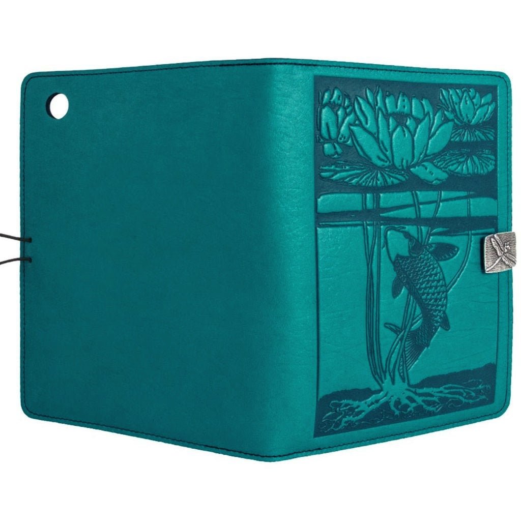 Oberon Design Leather iPad Mini Cover, Case, Water Lily Koi, Teal - Open