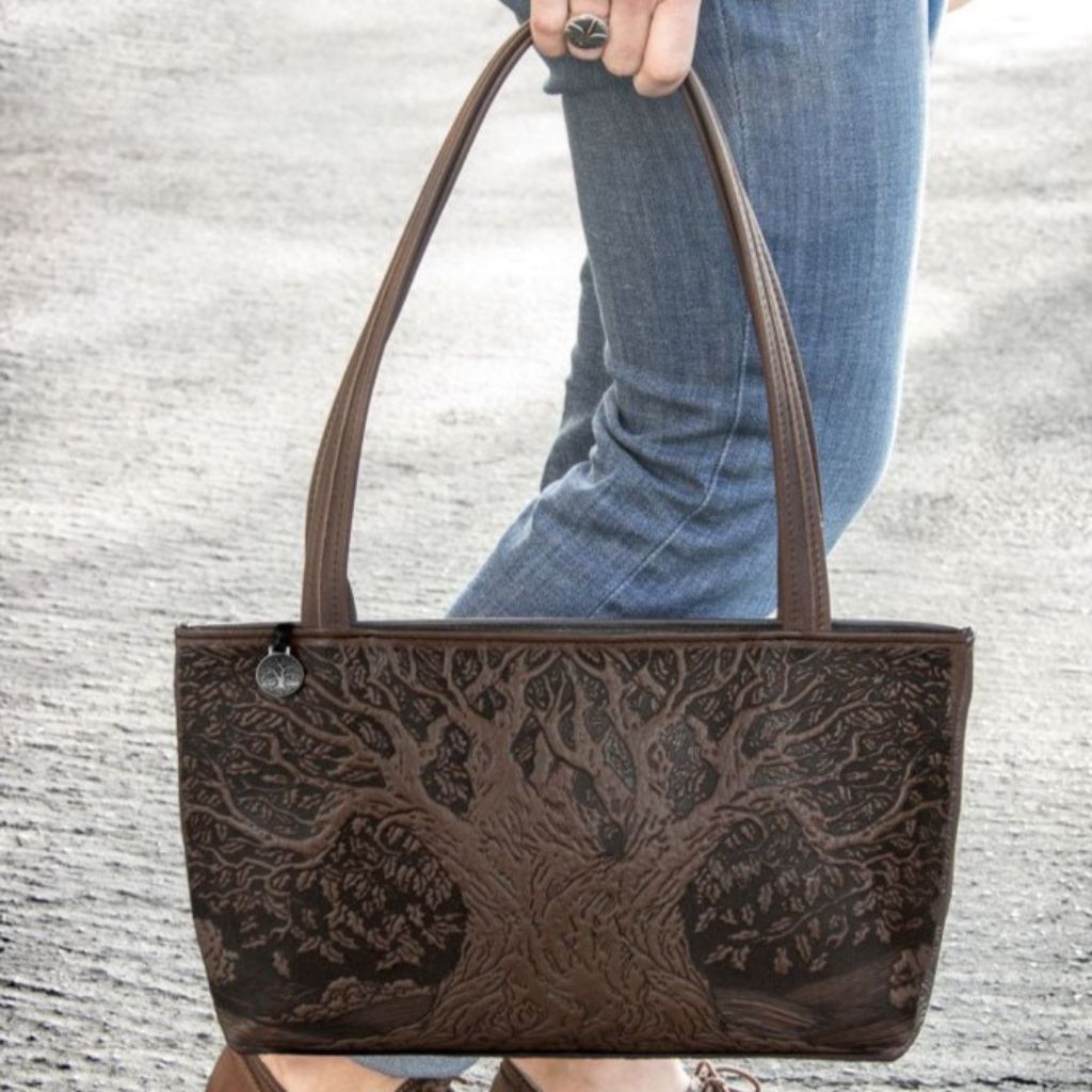 Leather Women's Handbag, Tree of Life Streamline, Chocolate - Model